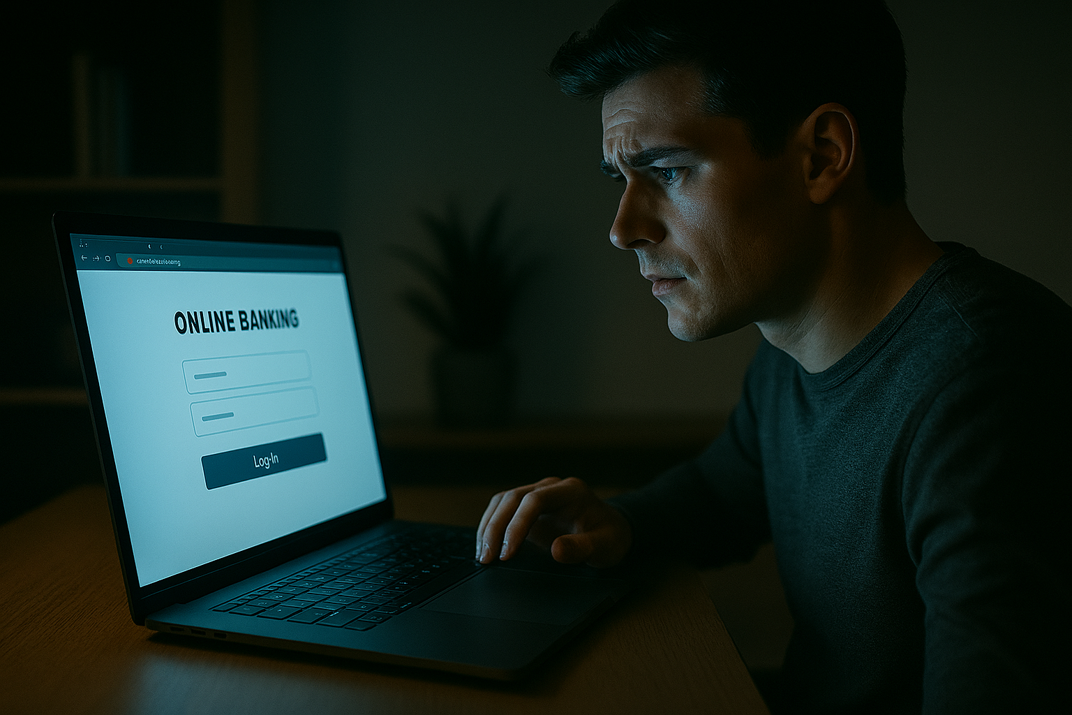 Person looking at a suspicious online banking login page on a laptop in a dark room
