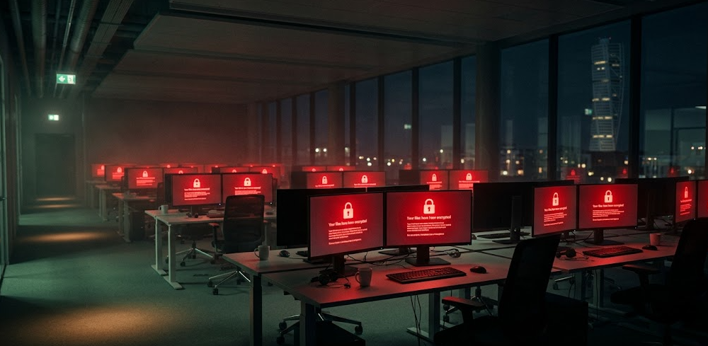 Office full of computer screens displaying red ransomware lock screen warnings