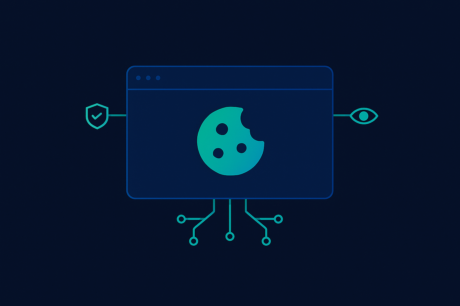 A browser cookie consent pop-up window glowing on a screen, surrounded by abstract data and tracking icons, illustrating browser cookies and cybersecurity