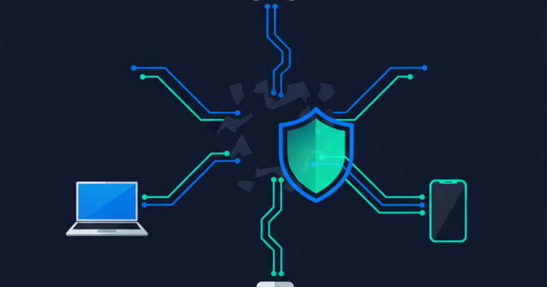 Interconnected devices illustrating how botnet attacks work, with a protective shield blocking malicious connections