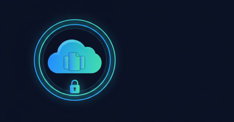 Illustration of cloud security shielding a small business data cloud on a dark navy background