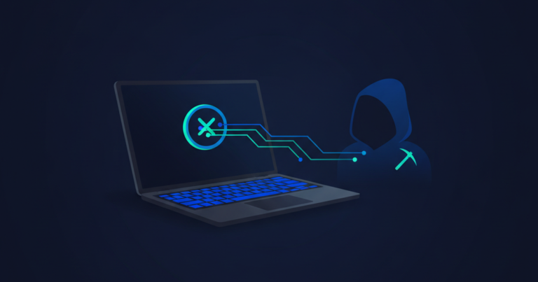 Illustration of cryptojacking attacks draining a laptop to mine cryptocurrency on a dark navy background