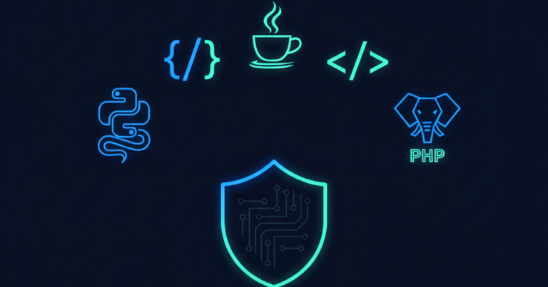 Five programming language icons glowing on a dark cybersecurity dashboard