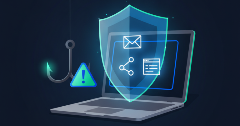 Cyber threats in digital marketing shown as a laptop with email, social, and web icons under a protective shield